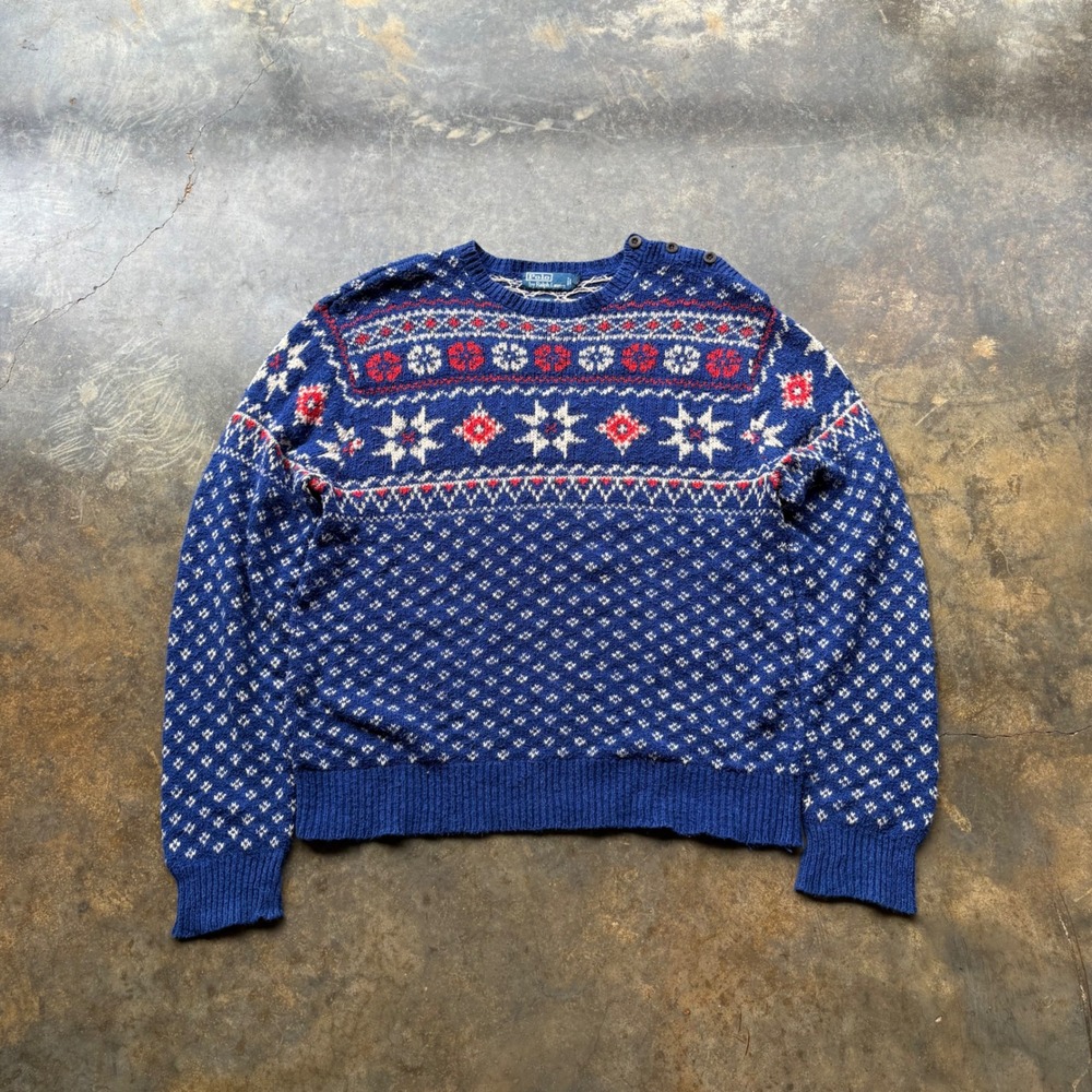 Polo Ralph Lauren Mens XL Fair Isle Cotton Linen Button Shoulder Sweater Blue